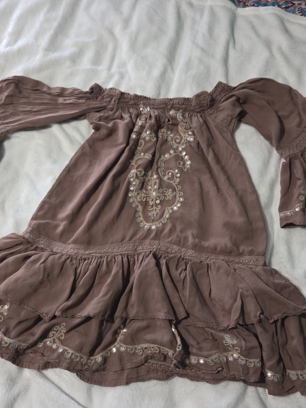 Mauve Brown Embroidered Off-Shoulder Mini Dress